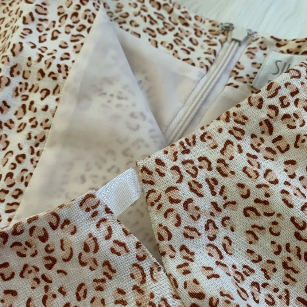 Silk Club Linen Leopard Pencil Skirt with Palm Tree Border and Beaded Hem